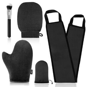 5 Pack Self Tanning Mitt Applicator Kit, Self Tanner Mitt Includes Self Tan Glove, Face Tan Mitt, Back Lotion Applicator, Exfoliating Glove, Tanning Brush Multi-Purpose Self-Tanning Set(Black)