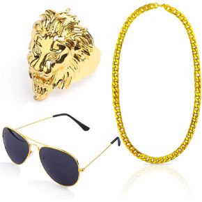 Beelittle 80s 90s Hip Hop Rapper Gangster Costume- Retro Glasses Gold Chain Necklace Gold Plated Ring Accessories