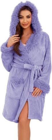 Women Hooded Plush Short Robe Soft Warm Fleece Bathrobe Fluffy Cute Spa Robe in Kuwait
