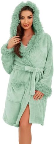 Women Hooded Plush Short Robe Soft Warm Fleece Bathrobe Fluffy Cute Spa Robe in Kuwait