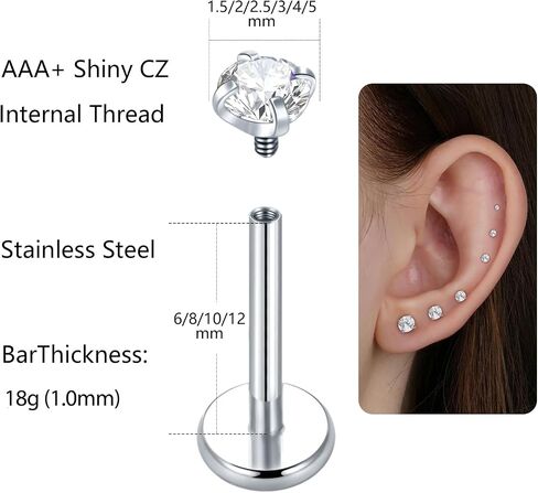 Aumeo 16G 18G Labret Jewelry Surgical Steel Internally Threaded Lip Rings Nose Stud Earrings CZ Tragus Medusa Monroe Piercing Jewelry in Saudi Arabia