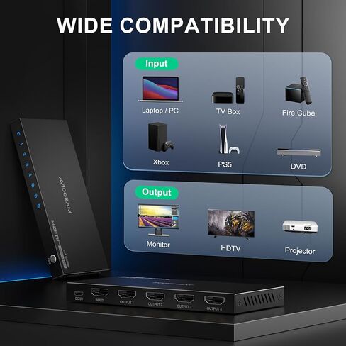 HDMI Splitter 1 in 2 Out 4K 60Hz 4:4:4, AVIDGRAM HDMI 2 Port Splitter with Copy, Downscaler, and Auto Mode for Dual Identical Display Support 1080p 120Hz HDR10, Compatible with Xbox, PS4 Pro, PS5 in Saudi Arabia