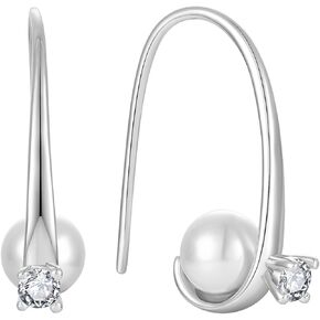 925 Sterling Silver Hoop Earrings, White Freshwater Cultured Pearl Dangle Drop Earrings Cubic Zirconia Jewelry for Women