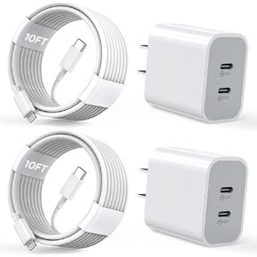 iPhone Charger [Apple MFi Certified] 2Pack PD Dual USB C Charger Block Fast Charging Wall Charger Plug with 10FT Long Rapid Type C - Lightning Cable Apple Charger for iPhone 14/13/12/11/XS/XR/SE, iPad