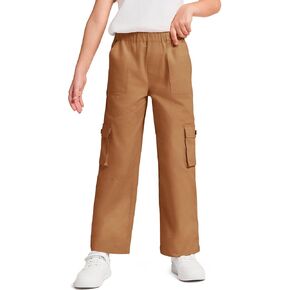 Haloumoning Girls Cargo Pants High Elastic Waist Kids Straight Leg Twill Trousers with Pockets 5-14 Years