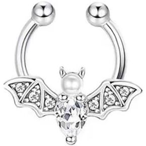 Bat Fake Septum Ring for Women Men CZ Non-Piercing Clip On Septum Rings 8mm Hoop Nose Rings Stainless Steel Body Jewelry