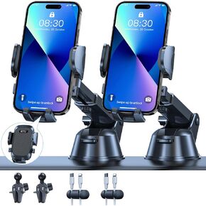 (2024 Upgraded) HTU Cell Phone Holder for Car【Powerful Suction Cup】 Universal Car Phone Holder Mount for Dashboard Windshield Air Vent Long Arm Cell Phone Car Mount Thick Case Pack of 2