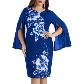 Hanna Nikole Plus Size Cocktail Dresses for Women Wedding Guest Long Slit Sleeves Flower Print Vintage Dresses