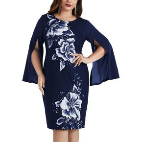 Hanna Nikole Plus Size Cocktail Dresses for Women Wedding Guest Long Slit Sleeves Flower Print Vintage Dresses