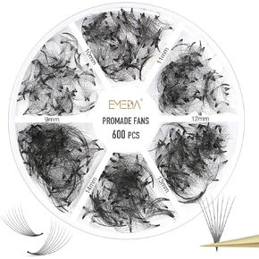 Premade Fans Eyelash Extensions 600 pcs Small Base Promade Loose Fans Stable C Curl 9-14mm Mix Lengths Short Stem Pre Made Volume Lashes with Reusable Silicone Pad by EMEDA (10D 0.07 C 9-14mm)
