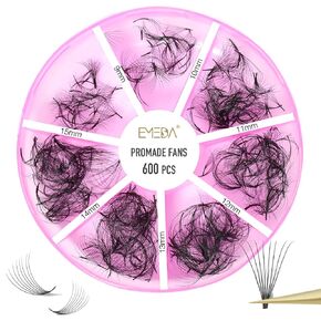 Premade Fans Eyelash Extensions 600 pcs Small Base Promade Loose Fans Stable C Curl 9-14mm Mix Lengths Short Stem Pre Made Volume Lashes with Reusable Silicone Pad by EMEDA (10D 0.07 C 9-14mm)