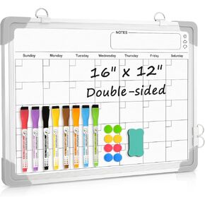 Dry Erase White Board, 16"x12" Magnetic Small Whiteboard for Wall Double-Sided Portable Aluminum Frame for Office Home Kitchen School with 8 Markers 8 Magnets 1 Eraser