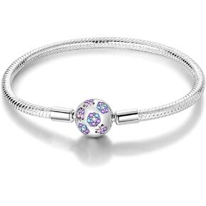 Charm Bracelet for Women Sterling Silver, Heart Clasp Snake Chain Bracelet Travel Charm Moments European Bracelet Jewelry Compatible with Pandora Charms, Gift for Her