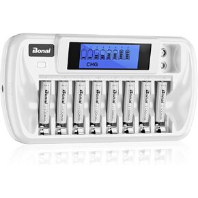 BONAI Rechargeable AA Batteries with Charger, 8+1 Bay AA Battery Charger with LCD Display for 1.2V NiMH NiCD AA AAA 9V, 2800mAh High Capacity Low Self Discharge- 8 Pack