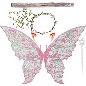 Fairy Wings for Adults and Girls，Fairy Costume Set with Floral Garland, Fairy Hair Tinsel, Wand & Elf Ears – 19"x24" Organza Butterfly Wings – Ideal for Cosplay, Party, Black