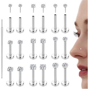 LOLIAS 18PCS Threadless Nose Rings Studs for Women Men 20G 18G 16G Hypoallergenic Surgical Stainless Steel Labret Lip Rings CZ Opal Push in Earrings Flat Back Nose Stud Cartilage Nostril Conch Helix Tragus Piercing Jewelry
