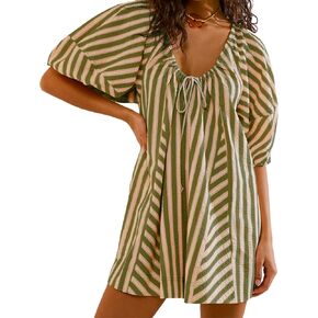 Athlisan Womens Striped Romper Casual Loose Puff Sleeve Wide Leg Jumpsuit Overall with Pockets