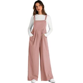 Women's 2024 Casual Rompers Loose Waffle Knit Wide Leg Overalls Adjustable Strap Jumpsuit