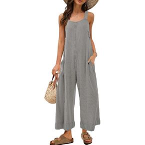 Panadila Womens Open Back Wide Leg Jumpsuits Sleeveless Waffle Knit Romper Loose Fit Overalls with Pockets