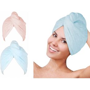 SYMGLIA Microfiber Hair Towel Wrap, Hair Turbans for Wet Hair, Drying Hair Wrap Towels for Curly Hair Women Anti Frizz 2 Pack (Blue/Pink)
