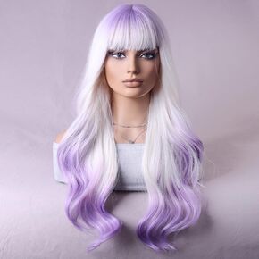 BERON Yellow Wigs Long Wavy Women Wigs with Bangs Curly Heat Resistant Synthetic Wigs for Halloween Cosplay Party Wigs