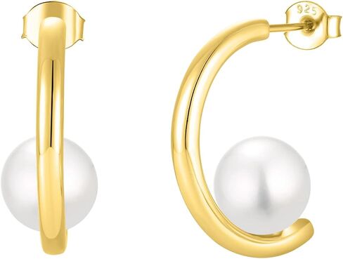 925 Sterling Silver Hoop Earrings, White Freshwater Cultured Pearl Dangle Drop Earrings Cubic Zirconia Jewelry for Women in Saudi Arabia
