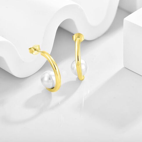 925 Sterling Silver Hoop Earrings, White Freshwater Cultured Pearl Dangle Drop Earrings Cubic Zirconia Jewelry for Women in Saudi Arabia