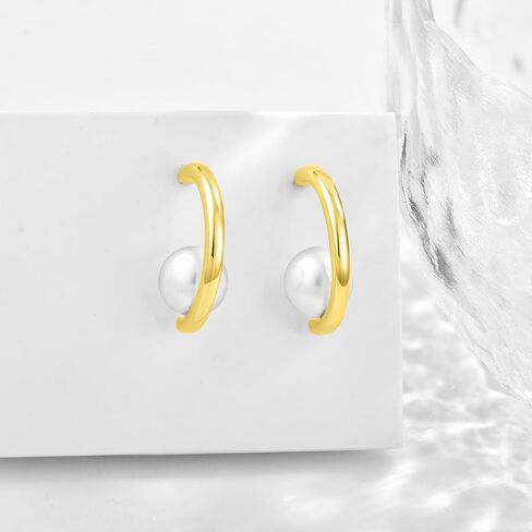 925 Sterling Silver Hoop Earrings, White Freshwater Cultured Pearl Dangle Drop Earrings Cubic Zirconia Jewelry for Women in Saudi Arabia
