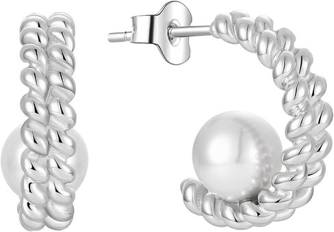 925 Sterling Silver Hoop Earrings, White Freshwater Cultured Pearl Dangle Drop Earrings Cubic Zirconia Jewelry for Women in Saudi Arabia
