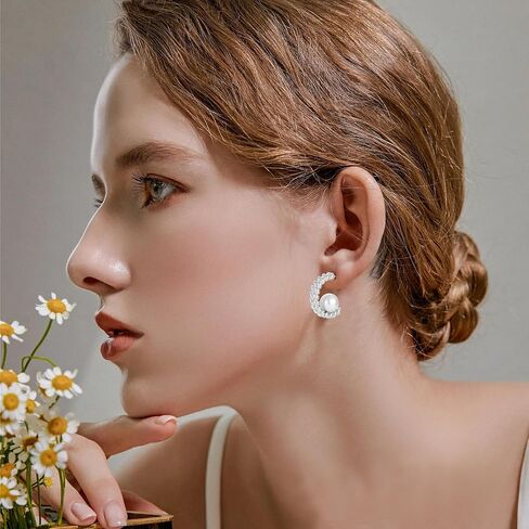 925 Sterling Silver Hoop Earrings, White Freshwater Cultured Pearl Dangle Drop Earrings Cubic Zirconia Jewelry for Women in Saudi Arabia