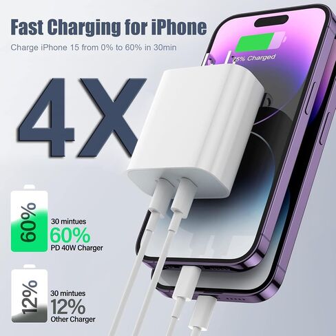 iPhone Charger [Apple MFi Certified] 2Pack PD Dual USB C Charger Block Fast Charging Wall Charger Plug with 10FT Long Rapid Type C - Lightning Cable Apple Charger for iPhone 14/13/12/11/XS/XR/SE, iPad in Kuwait