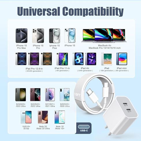 iPhone Charger [Apple MFi Certified] 2Pack PD Dual USB C Charger Block Fast Charging Wall Charger Plug with 10FT Long Rapid Type C - Lightning Cable Apple Charger for iPhone 14/13/12/11/XS/XR/SE, iPad in Kuwait