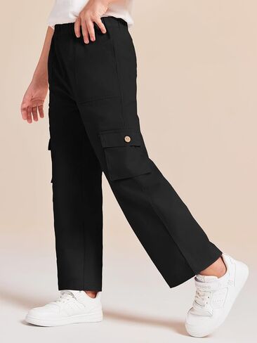 Haloumoning Girls Cargo Pants High Elastic Waist Kids Straight Leg Twill Trousers with Pockets 5-14 Years in Saudi Arabia