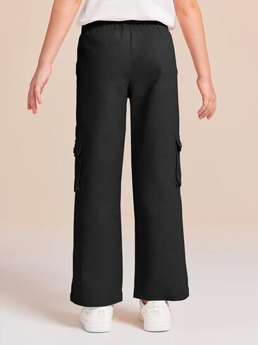 Haloumoning Girls Cargo Pants High Elastic Waist Kids Straight Leg Twill Trousers with Pockets 5-14 Years in Saudi Arabia