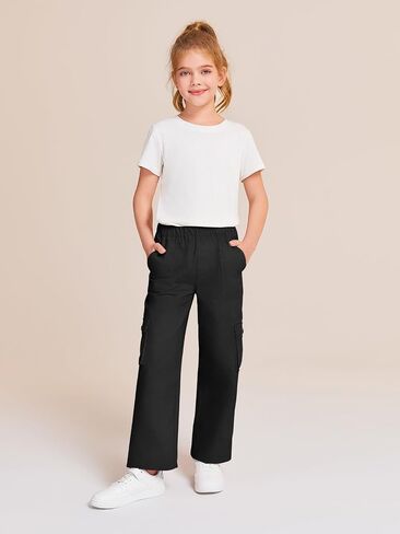 Haloumoning Girls Cargo Pants High Elastic Waist Kids Straight Leg Twill Trousers with Pockets 5-14 Years in Saudi Arabia