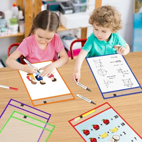 Dry Erase Pockets-Reusable Write and Wipe Pocket with 2 Rings,14.2 x 10 inches,Black Clear Plastic Sheet Protectors-for Teacher School Classroom Supplies,Office Worksheets, 30 Pack,Bulk in Saudi Arabia