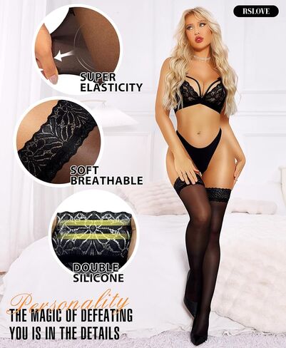 RSLOVE Women Lace Top Thigh High Stockings - Semi Sheer Stay Up Pantyhose with Antiskid Silicone Hold Up Sexy Silky Lingerie in Saudi Arabia