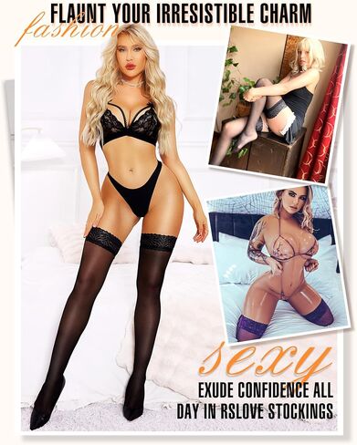 RSLOVE Women Lace Top Thigh High Stockings - Semi Sheer Stay Up Pantyhose with Antiskid Silicone Hold Up Sexy Silky Lingerie in Saudi Arabia