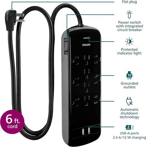 Philips 8 Outlet Power Strip Surge Protector, 8ft Extra-Long Power Cord, Flat Plug, Wall Mount, 2160 Joules, ETL Listed, Circuit Breaker, Automatic Shutdown, White, SPP3086WB/37 in Kuwait