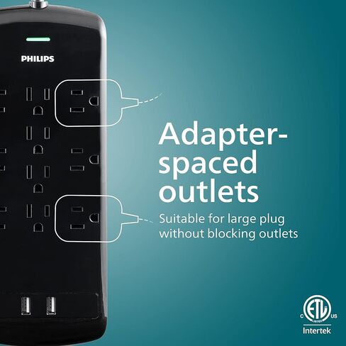 Philips 8 Outlet Power Strip Surge Protector, 8ft Extra-Long Power Cord, Flat Plug, Wall Mount, 2160 Joules, ETL Listed, Circuit Breaker, Automatic Shutdown, White, SPP3086WB/37 in Kuwait