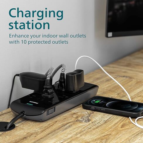 Philips 8 Outlet Power Strip Surge Protector, 8ft Extra-Long Power Cord, Flat Plug, Wall Mount, 2160 Joules, ETL Listed, Circuit Breaker, Automatic Shutdown, White, SPP3086WB/37 in Kuwait