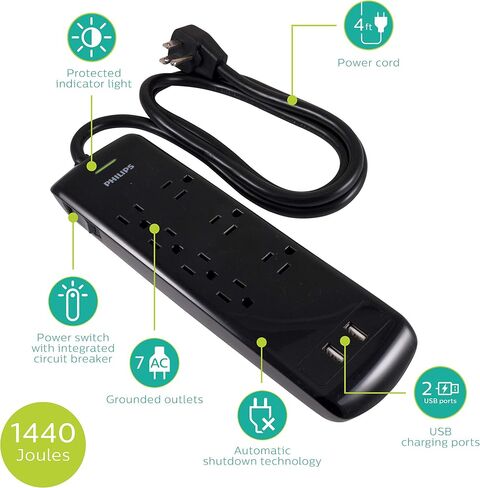 Philips 8 Outlet Power Strip Surge Protector, 8ft Extra-Long Power Cord, Flat Plug, Wall Mount, 2160 Joules, ETL Listed, Circuit Breaker, Automatic Shutdown, White, SPP3086WB/37 in Kuwait