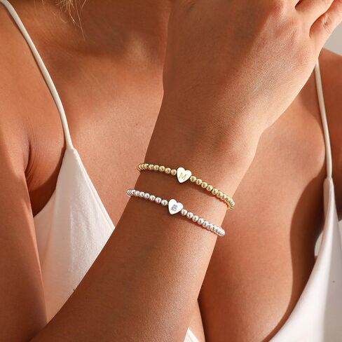 Gold Beaded Bracelets for Women,14K Gold Plated Heart Initial Beaded Bracelets Letter Stretch Bead Bracelet Handmade Ball Bracelet Dainty Jewelry Gifts for Women Trendy Gold Jewelry in Saudi Arabia