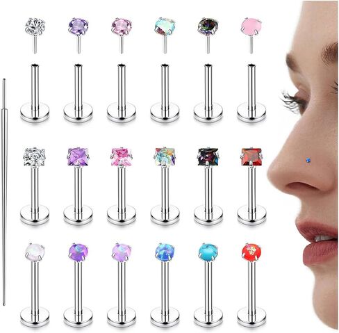 LOLIAS 18PCS Threadless Nose Rings Studs for Women Men 20G 18G 16G Hypoallergenic Surgical Stainless Steel Labret Lip Rings CZ Opal Push in Earrings Flat Back Nose Stud Cartilage Nostril Conch Helix Tragus Piercing Jewelry in Saudi Arabia