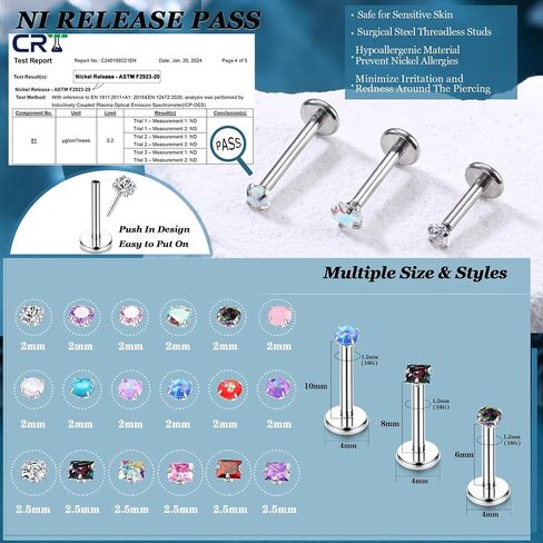 LOLIAS 18PCS Threadless Nose Rings Studs for Women Men 20G 18G 16G Hypoallergenic Surgical Stainless Steel Labret Lip Rings CZ Opal Push in Earrings Flat Back Nose Stud Cartilage Nostril Conch Helix Tragus Piercing Jewelry in Saudi Arabia