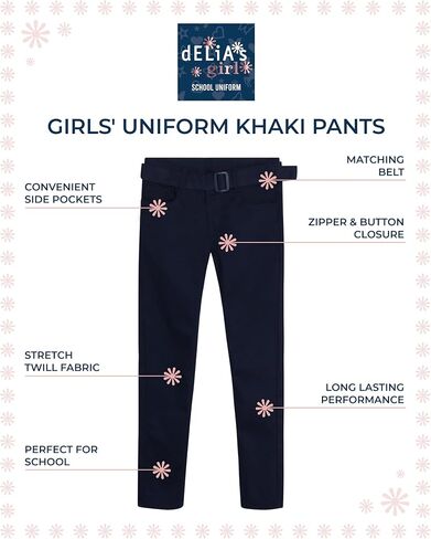 Girls' School Uniform Pants - 2 Pack Stretch Twill Khaki Chino Pants: Skinny, Boot Cut Flare, Jegging, Belt (4-16) in Kuwait