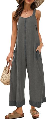 Panadila Womens Open Back Wide Leg Jumpsuits Sleeveless Waffle Knit Romper Loose Fit Overalls with Pockets in Saudi Arabia