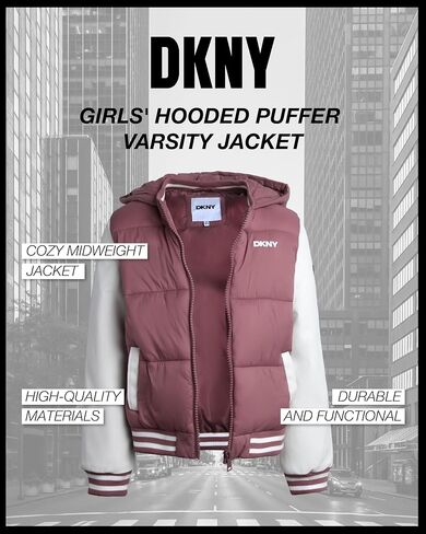 DKNY Girls' Quilted Puffer Jacket - Mid Weight Full Zip Up Hooded Varsity Jacket - Insulated Jackets for Girls (7-16) in Saudi Arabia