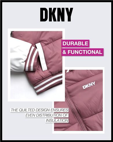 DKNY Girls' Quilted Puffer Jacket - Mid Weight Full Zip Up Hooded Varsity Jacket - Insulated Jackets for Girls (7-16) in Saudi Arabia