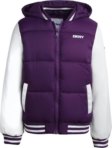 DKNY Girls' Quilted Puffer Jacket - Mid Weight Full Zip Up Hooded Varsity Jacket - Insulated Jackets for Girls (7-16) in Saudi Arabia